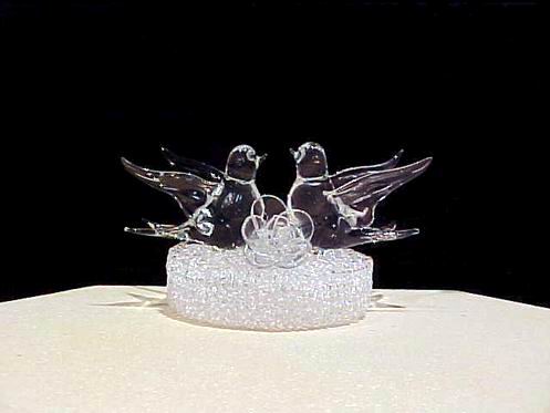 Birds wedding cake top all genuine hand blown glass with two birds and big flower.