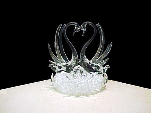 Swans wedding cake top all hand blown glass with two swans, wedding bells on a glass base.